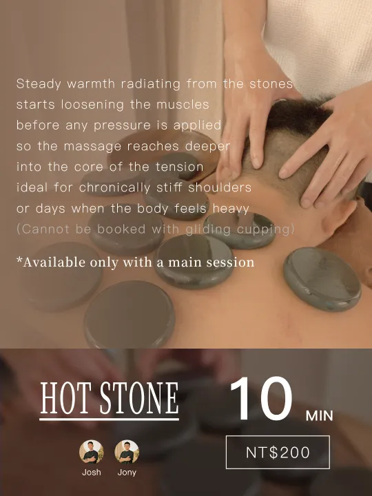 Add-on · Hot stone · 10 min · NT$200 · With Josh or Jony